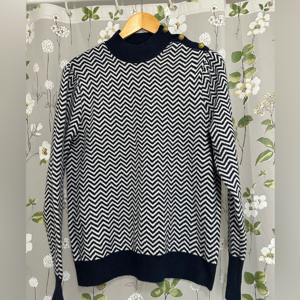 J. Crew Navy and Cream Chevron Turtleneck Sweater with Shoulder Buttons